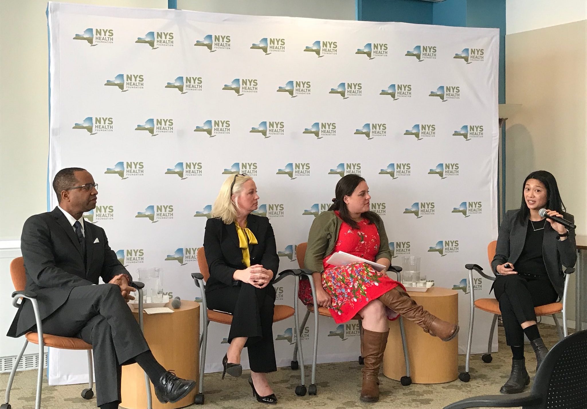 NYHealth Senior Program Officer Brian Byrd moderates a panel on social needs in health care with Elizabeth Misa, Carla K. Nelson, and Theresa Soriano.