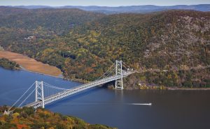 View from Bear Mountain looking down on the Hudson River and Bear Mountain Bridge.