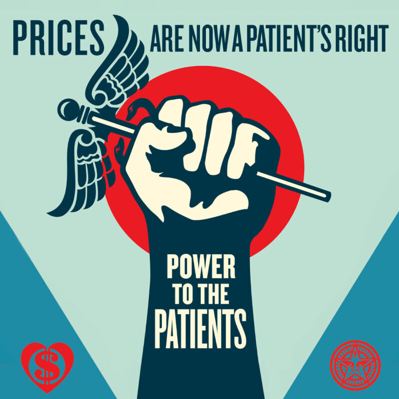 Illustration of a raised arm with a fist holding a staff with a snake. Written on the inner forearm are the words "Power to the Patients." Across the top of the illustration are the words, "Prices are now a patient's right."