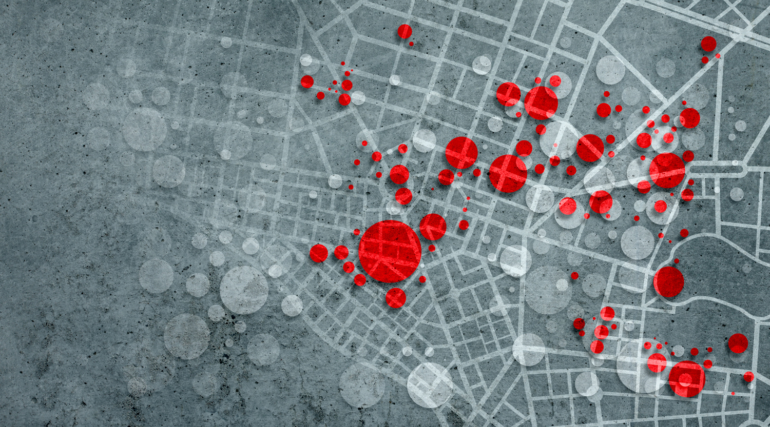 Map of pandemic clusters on a city street grid.