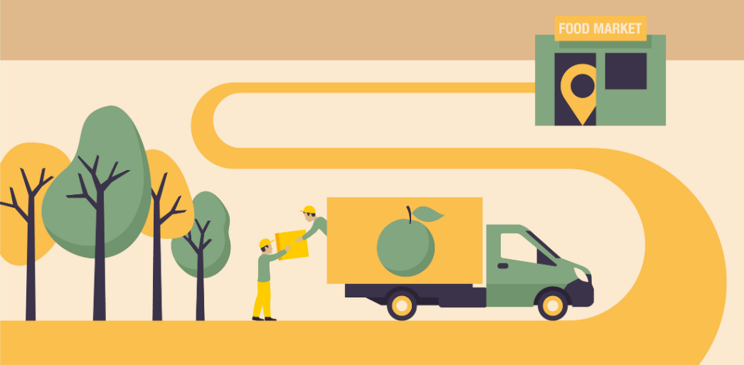 Illustration of a truck transporting food from an orchard garden to market.